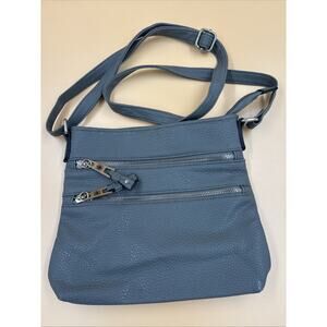 Blue Gray Pebbled Crossbody Shoulder Bag | Multi Zip Pocket | Silver Hardware |